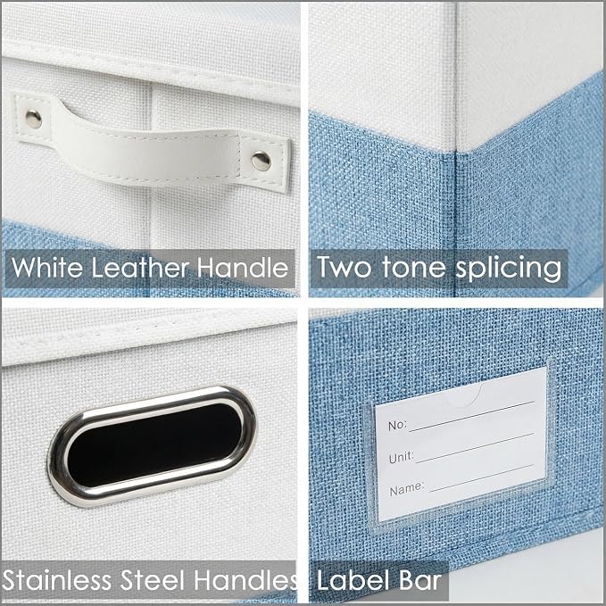 PRANDOM Storage Bins with Lids [3-Pack] Linen Fabric Foldable Storage Boxes Organizer Containers Baskets Cube with Cover for Bedroom Closet Office White&Blue (23.4X15.9X11.4)