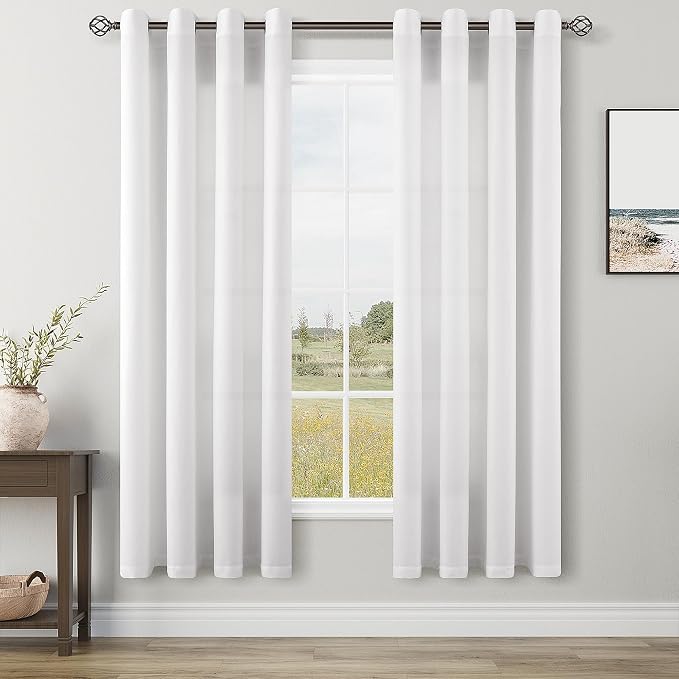 White Linen Curtains 72 Inches Long for Living Room Bedroom 2 Panels Set Grommet Top Sunlight Filtering Semi Sheer Curtain Modern Farmhouse Privacy Soft Cozy Drapes for Dining Room Windows 52x72
