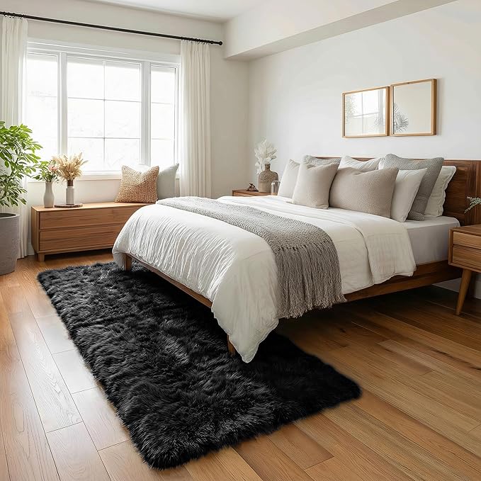 PAGISOFE Black Runner Rugs for Bedroom, Living Room 2x6 Small Plush Fluffy Boys Rug, Bedside Rug, Soft Rugs for Kids Room, Plush Shag Carpet, Accent Throw Rugs, Home Decor Aesthetic Nursery