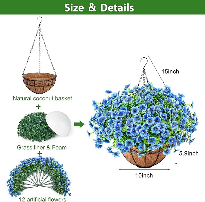 Ouddy Decor Artificial Hanging Flowers with Basket, Fake Hanging Plants with Faux Silk Flowers UV Resistant for Outdoors Indoors Spring Summer Porch Patio Balcony Yard Home Decorations, Blue