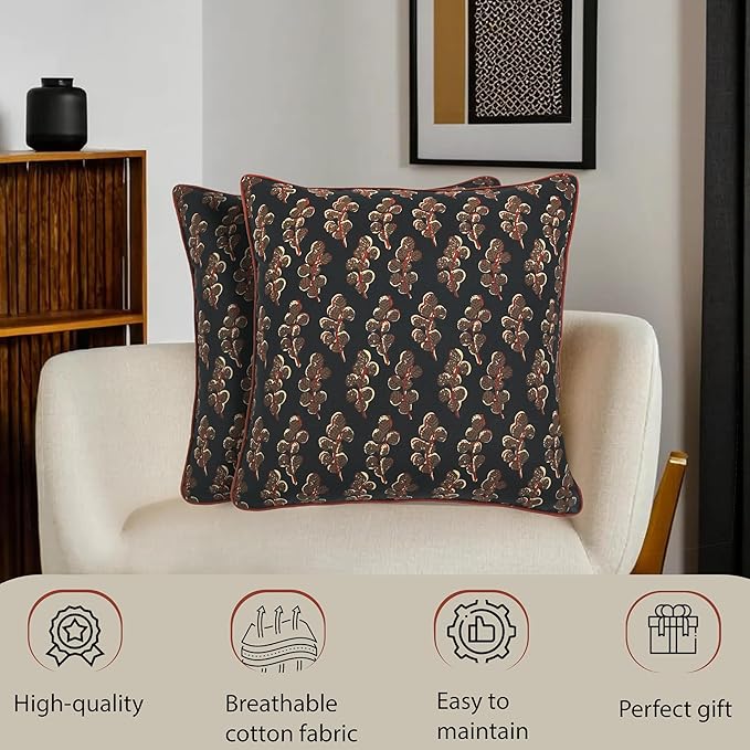 Ridhi Block Print Black Pillow Cover 18" x 18" (Pack of 2) Decorative Couch Pillows for Living Room, Chic Boho Cute Outdoor Pillows Covers Gifts for Spring, Easter and Valentine
