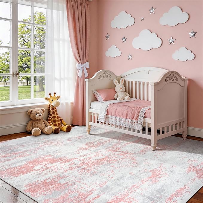 9x12 Area Rugs for Living Room Rug Washable: Abstract Large Rug for Dining Room Bedroom Carpet Non Slip 9 by 12 Indoor Modern Nursery Home Office Pink