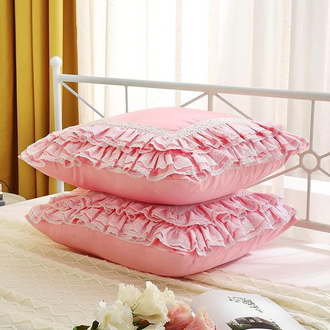 2-Pack Luxury Lace Pink Euro Shams Throw Pillow Covers Cushion Cases with Ruffles Cotton 26"X26" Zipper Closure Elegant
