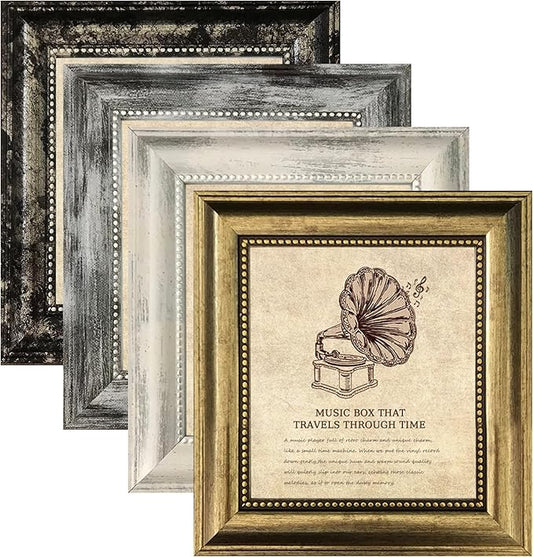 8x8 Picture Frames Set of 4,Rustic Retro Photo Frame with Real Glass Vintage Photo Frames Gold Frames for Home Wall Decor