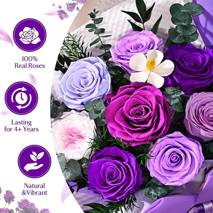 Forever Rose Flowers for Delivery, 8-Piece Preserved Roses Bouquet Birthday Gifts for Women, Long Lasting Purple Roses with Gift Box for Mom, Forever Flowers with Vase for Her Wife Girlfriend