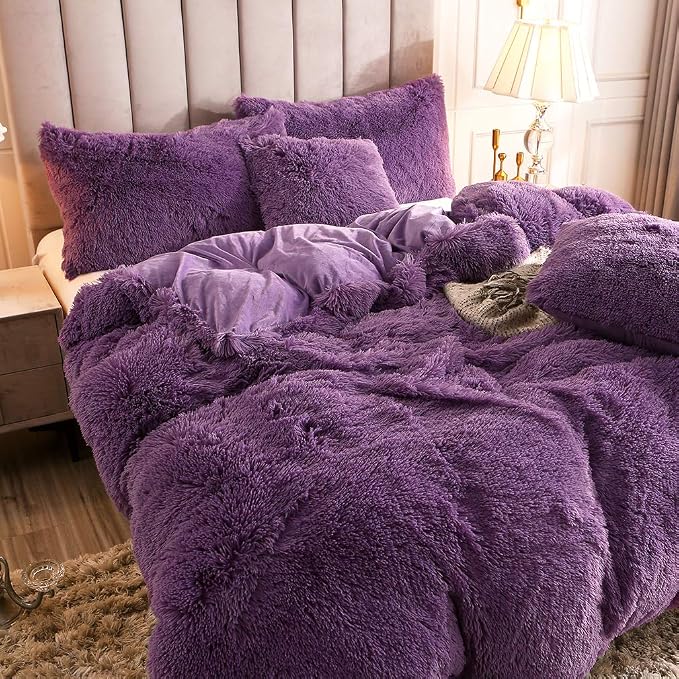 Faux Fur Velvet Fluffy Bedding Duvet Cover Set Down Comforter Quilt Cover with Pillow Sham, Ultra Soft Warm (Twin, Purple)