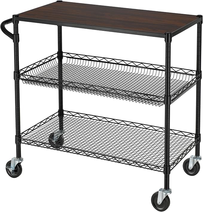 Finnhomy 3 Tier Heavy Duty Commercial Grade Utility Cart with Wood Top, Wire Rolling Cart with Wheels and Handle Bar, Kitchen Carts on Wheels, 18x36x35.4 H Metal Cart with 600 LBS Capacity, Black