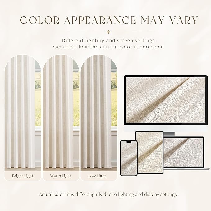 Jowels Natural Linen Curtains 96 Inches Long for Living Room Bedroom, 2 Panel Set, Cream Thick Textured Light Filtering Sheer Curtains, Back Tab Rod Pocket Modern Farmhouse Privacy Drapes