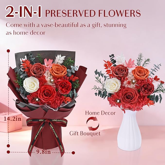 5 Pcs Glitter Red Preserved Roses Flowers Bouquet, Forever Rose Flowers for Delivery, Birthday Gifts for Women, Long-Lasting Red Roses with Vase Gift Box, Forever Flowers for Wife Mothers Day