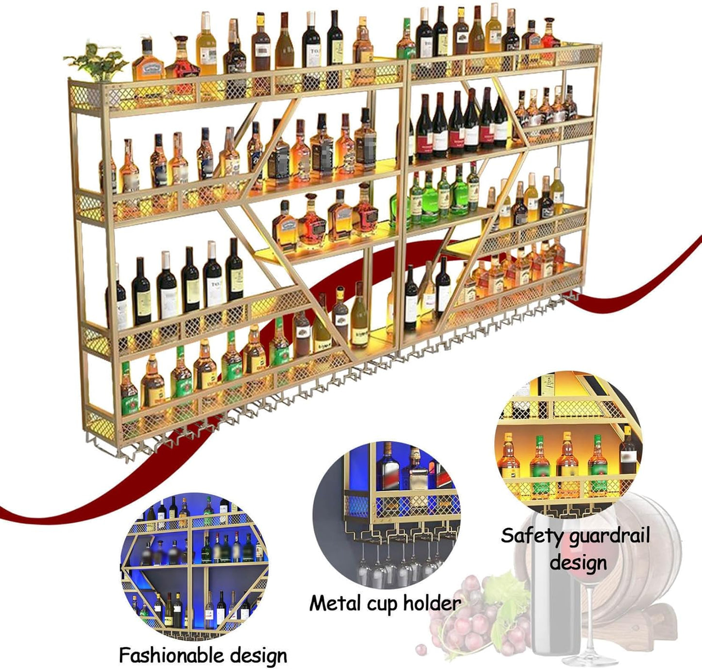 Wall Mounted Wine Rack with Glass Holder, 3-Tier Metal Storage Shelf, Black Diamond Design, Wine Bottle Display with Stemware Storage (Black, 31.49in/Left)