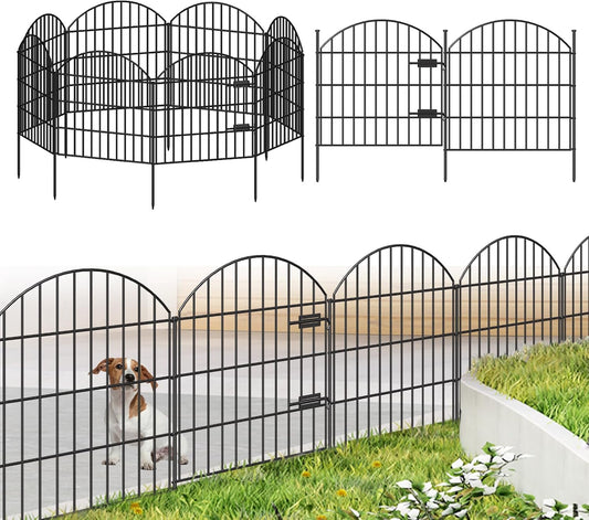 Metal Garden Fence with Gate 28in (H) x 18.7ft (L), 1 Gate + 7 Panels Dog Fence Border Fence Animal Barrier, No Dig Garden Fencing for Yard Flower Bed Lawn Patio Outdoor, ECG2829 Black