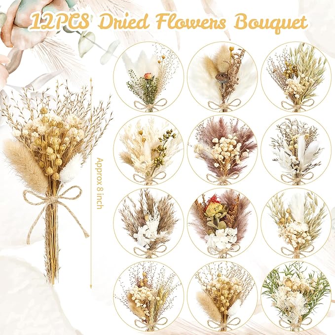 12/24PCS Handmade Dried Flower Bouquet with Stems Natural Dried Wildflowers 7.5 Inch Mini Dry Flowers for Vase Farmhouse Decor, Wedding Styling, Photography Props, Gift DIY(12pcs, Rustic)