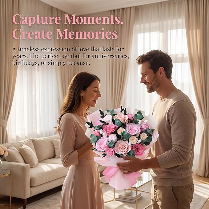 XTYFJGVA 16 Preserved Pink Roses Bouquet, Flowers for Delivery, Real Roses That Last 1-3 Years, Birthday Gifts for Women, Forever Flower Gifts for Mom, Wife, Grandma, Her on Mothers Day, Anniversary