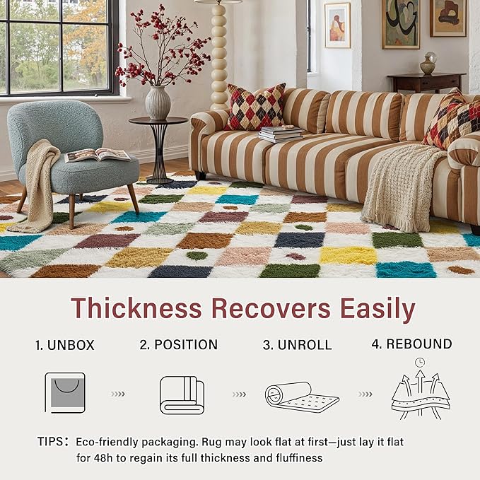 PureCozy Checkered Rug 4x6 Fluffy Shag Living Room Rainbow Area Rug Modern Washable Carpet Soft Shaggy Non Slip Indoor Plush Fuzzy Rugs for Bedroom Dorm Office Home Aesthetic Decor