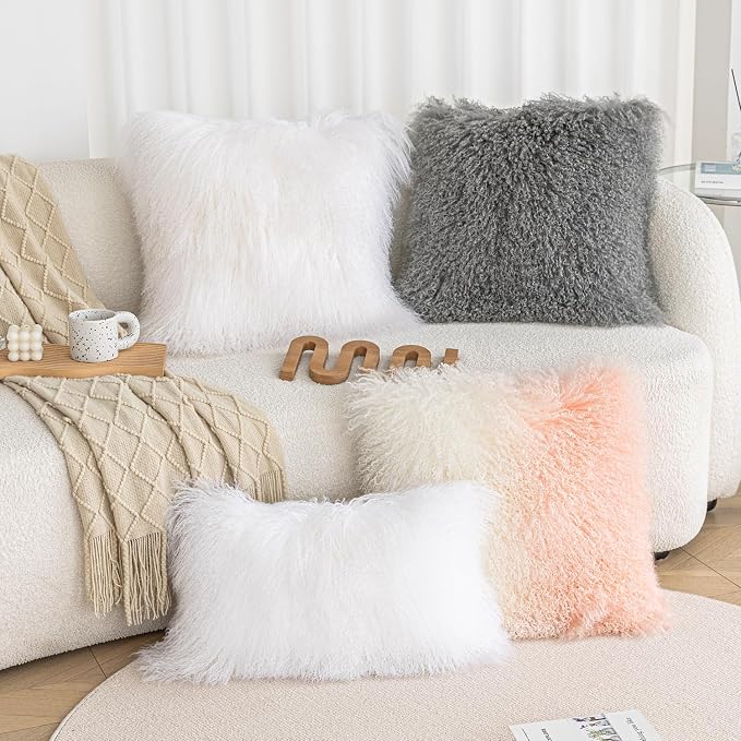 Real 100% Tibetan Mongolian Lamb Sheepskin Wool Fur Throw Pillow Covers Super Soft Plush Leather Accent Pillowcase Decorative Cushion Cover White 12x20 Inch Set of 2