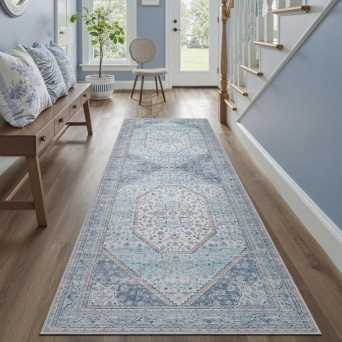 DCX Machine Washable Blue and Beige 2x6 Runner Rug, Non Slip Stain Resistant Vintage Floral Long 6ft Floor Runner for Hallways Kitchen Bathroom and Entryway, Soft Low Pile Carpets