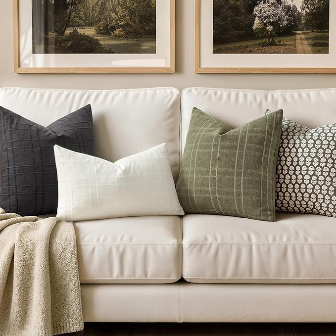 MIULEE Decorative Linen Check Throw Pillow Covers Neutral Farmhouse Vintage Spring Pillow Covers 18x18 Set of 2 Boho Modern Home Decor for Sofa Couch Bedroom Cushion Sage Green