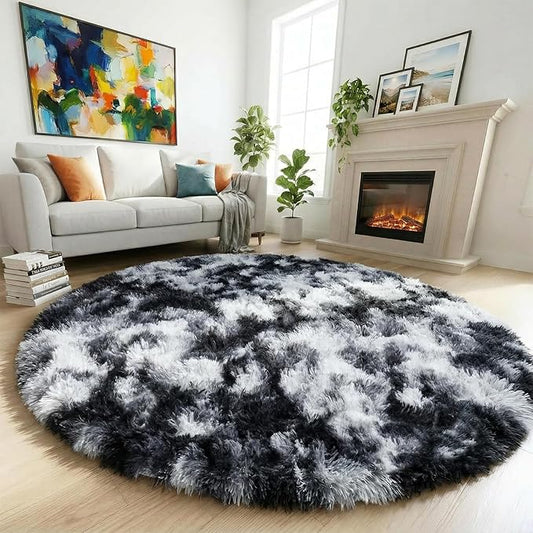Amdrebio Black White Grey Circle Rug 6Ft Round Area Rugs for Living Room Bedroom, Fluffy Fuzzy Shaggy Furry Rugs for Home Office Kids Room Dorm, Plush Modern Cool Floor Shag Carpet for Men Teen Boys