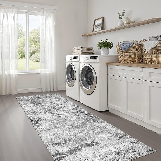 Runner Rug Non-Slip Kitchen Rug: 3x8 Washable Abstract Modern Soft Stain Resistant Indoor Floor Neutral Accent Throw Carpet for Hallway Bathroom Laundry Room Bedroom Entryway- Black Gray