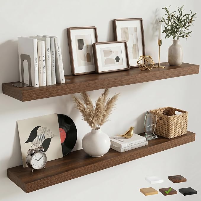 48 Inch Floating Shelves for Wall, 8"D Wood Storage Shelves, Walnut Finish | Engineered Wood, Invisible Bracket, Large Storage, Easy Install, Hold Up to 77lbs, Living Room, Bathroom, Bedroom, Kitchen
