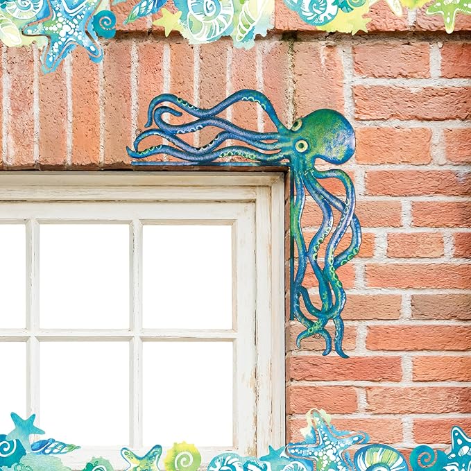 FairySandy Metal Door Frame Decoration 11.81 x 10.43 Inches Octopus Themed Home Decor for Indoor Outdoor Door Window Home Office(Ocean Blue)