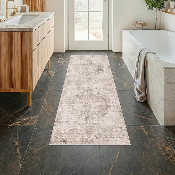 Hazo Haus Washable Non Slip Stain Resistant 2x5 Runner Rug for Bathroom, Kitchen, Laundry Room, Bedroom Beside Bed, Unique Tan Distressed Abstract Eclectic Runner Décor, Beige Brown
