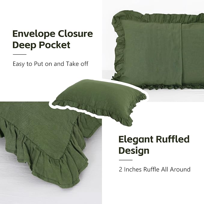 Linen Ruffled Pillow Cases,100% French Natural Linen Pillowcase Set of 2,Decorative Boho Pillow Cases Ruffle Bedding King Size (20''x40''),Olive Green