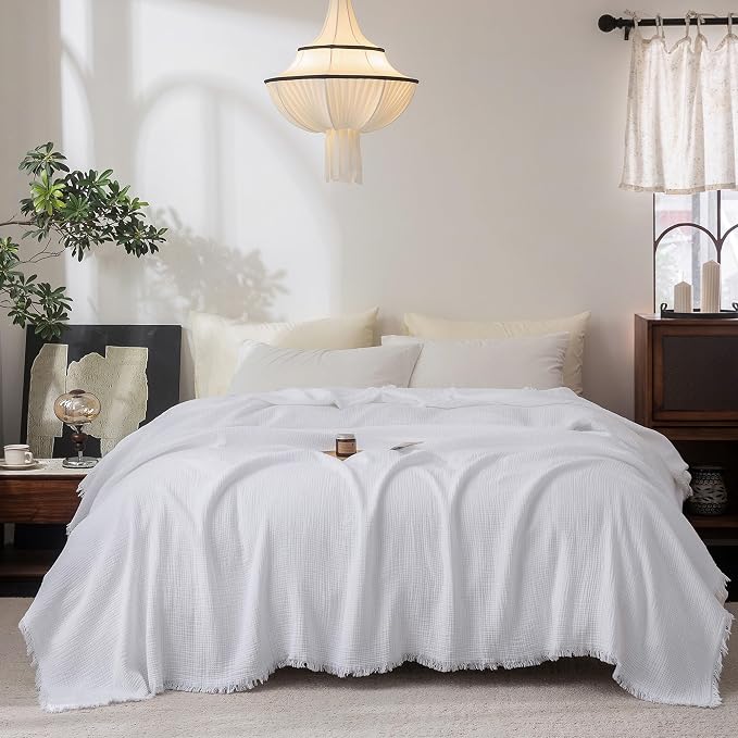 FOSSA Muslin Blanket 4-Layer 100% Cotton Gauze Blanket with Fringe 90"x90" | Super Soft Breathable Lightweight All Season & Decorative Blanket or Bed, Sofa, Office (Bright White,Queen)