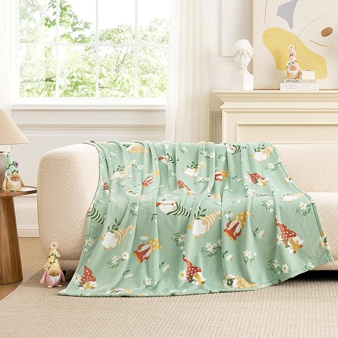 Cozy Bliss Gnome Spring Throw Blanket - Garden Daisy Floral Design, Warm MilkyPlush Throw Blankets, Ultra Soft Cozy Blankets for Couch, Sofa and Bed, Green, 50X60inches