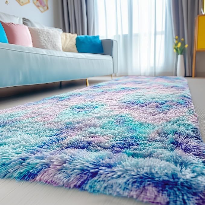 PAGISOFE Adorable Furry Rainbow Rugs for Bedroom Girls, 2x4 Soft Purple Shag Tent Rugs for Livingroom, Bedside, Kids Room, Nursery, Home Decor, Fluffy Fuzzy Carpet Plush Mermaid Kawaii Throw Pink Rug