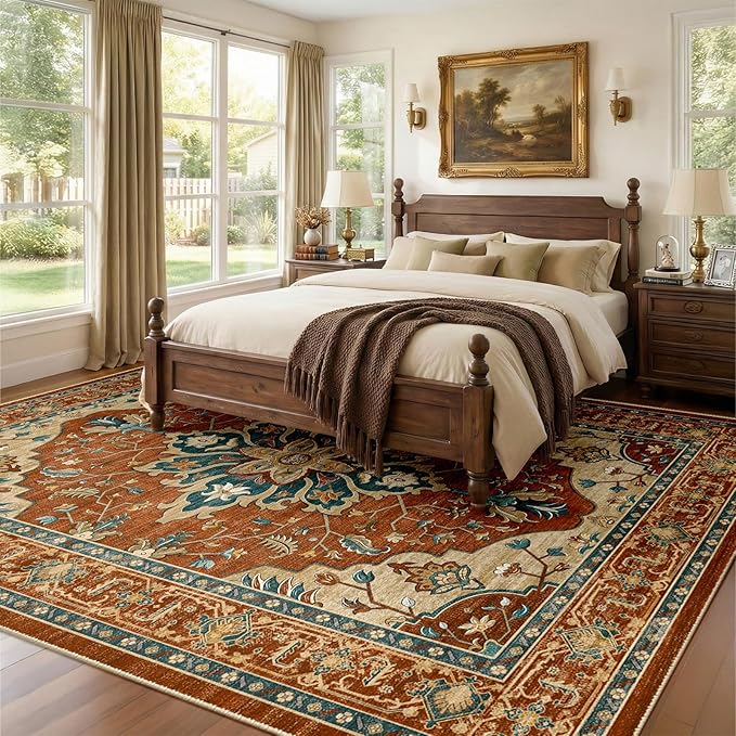 RELEANY Area Rugs 9'x12' Washable Non-Slip, Floral Vintage Distress Print Pattern Medallion Carpet for Living Room Bedroom Dining Room, Red Orange Blue Brown