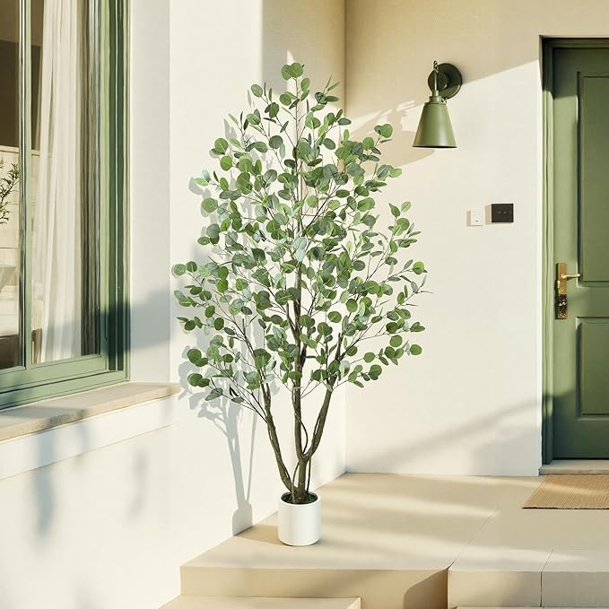 Caxchiling Artificial Eucalyptus Tree 6FT, Indoor Outdoor Faux Tree | Natural Trunk with White Planter for Home Office Living Room Front Door Decor