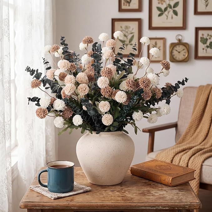 Hoteam 36 Pcs Artificial Chrysanthemum Flowers Bouquet with Dried Eucalyptus Leaves 15 Stems Fake Mums 21 Stems Preserved Eucalyptus for Vase Home Decor Wedding Centerpieces (White Khaki)