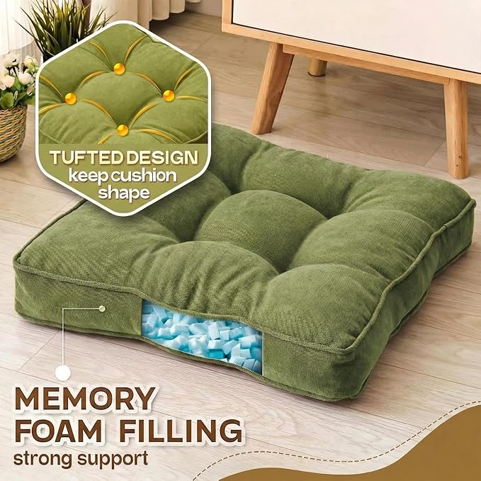 1 MIDDLE ONE Floor Pillow Set of 2, Memory Foam Floor Cushions for Adults, Large Meditation Pillow for Sitting, 22 x 22 Inches (Square | Green)