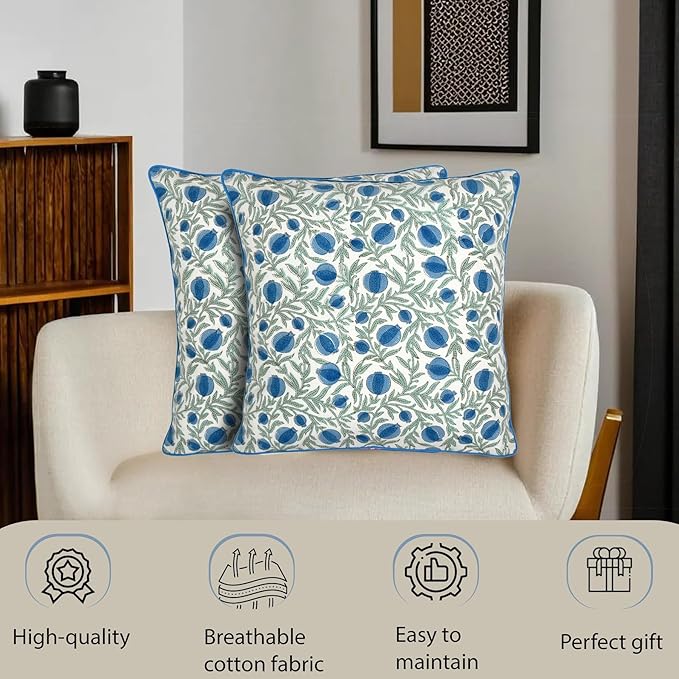 Ridhi Block Print Queen Blue Pillow Cover 16" x 16" (Pack of 2) Decorative Couch Pillows for Living Room, Chic Boho Cute Outdoor Pillows Covers Gifts for Spring, Easter and Valentine