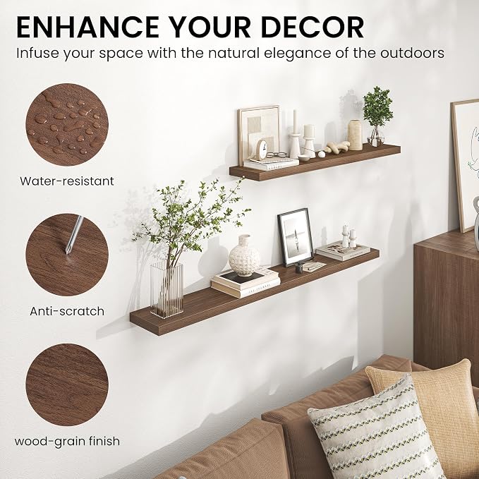 Heimlove Floating Shelves for Wall,16 inchs Shelf for Small Bathroom,Mounted Storage & Display Wood Shelves for Bedroom,Living Room,Kitchen,Office,Set of 2,Walnut Color