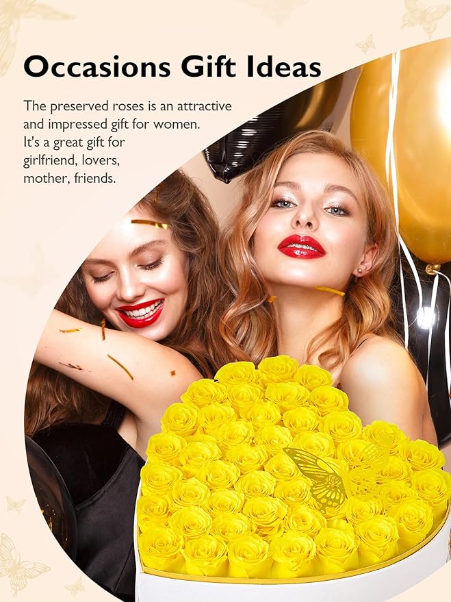 Eterfield 47 Forever Flowers in Heart Shape Box, Preserved Roses That Last a Year Preserved Flowers Birthday Gifts for Her Mom Women Wife Anniversary Valentines Day Mothers Day Christmas, Yellow