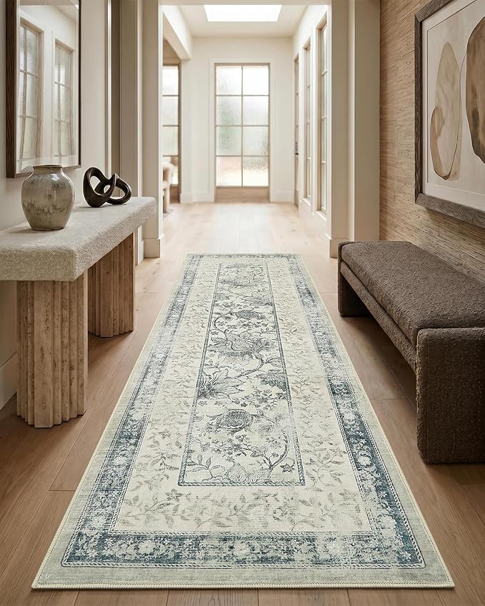 GarveeHome Vintage Blue Washable Kitchen Runner Rug: 2'6" x 8' Hallway Rug Non Slip Low-Pile Stain Resistant Cottage Core Retro Farmhouse Soft Runners for Entryway Laundry Room Beside