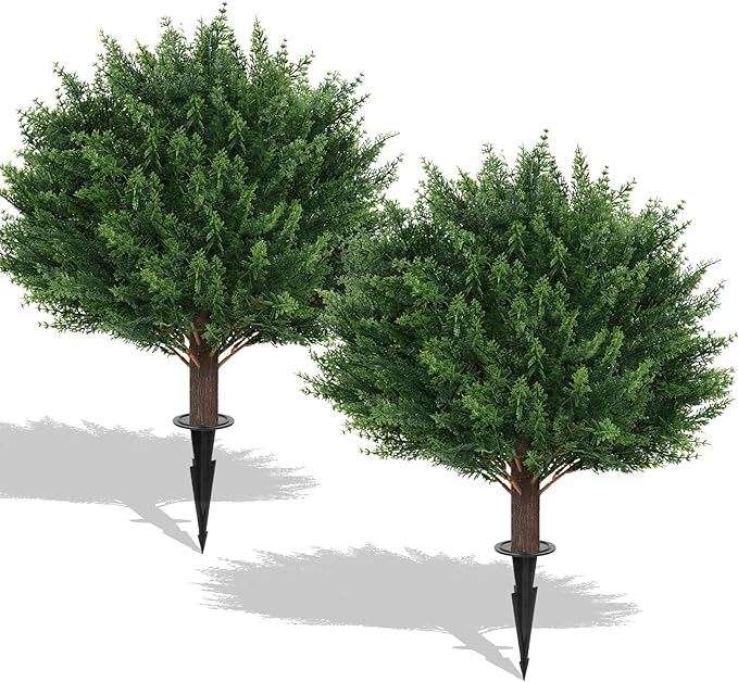 2Pack Artificial Cedar Topiary Ball Trees, 16'' UV Resistant Fake Evergreen Shrubs Bushes Plants with Ground Spike Fake Plants for Outdoor Indoor Front Porch Garden