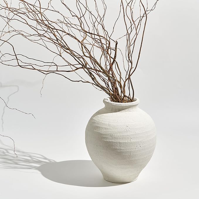 LB2 White Ceramic Large Vase, 11.8" Tall Zen Style, Terra Cotta Pitcher, Distressed Farmhouse Decor, Pottery Decorative Flower for Home Decor (C - White 11.8")