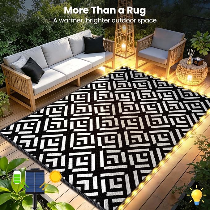 Outdoor Rug 6x9Ft, Solar Powered Outdoor Camping Rug with 94LEDs Strip Lights, Waterproof Plastic Reversible Outdoor Straw Rug, Rug Mat for RV Camping Patio Beach Balcony House Deck Picnic