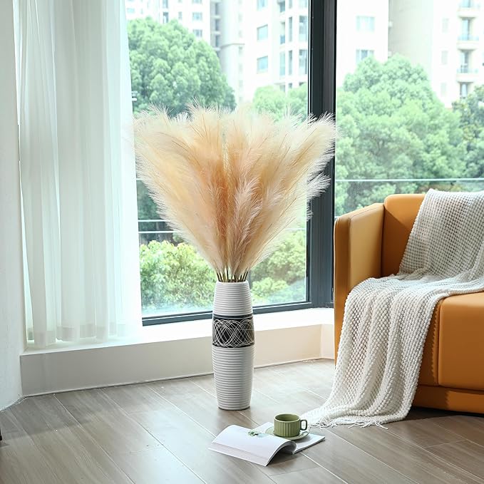 Wertuirk Champagne Faux Pampas Grass - 45-Inch Set of 8 | Boho Home Decor | Tall Artificial Pompas Floral Soft and Fluffy | Perfect for Wedding Centerpieces, Farmhouse and Baby Shower Decorations