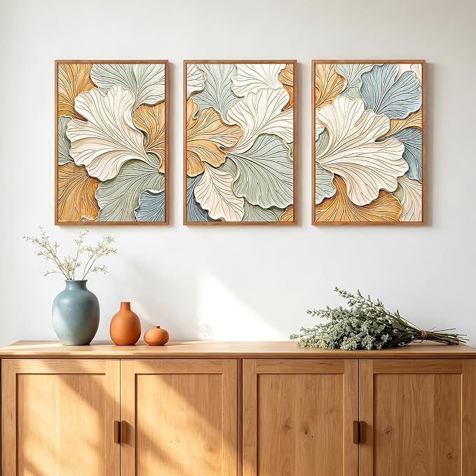 CHDITB 3D Impasto Textured Ginkgo Leaf Relief Framed Canvas Wall Art Set, Neutral Earth Tone Pastel Minimalist Wall Decor, Modern Art Prints for Living Room Hallway Bedroom Home Decor 16"x24"x3