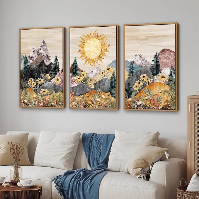 Rantodecor Boho Mountain Framed Canvas Wall Art, Western Daisy Floral Landscape Wall Decor, Rustic Fern Flowers Art Painting, Modern Fantasy Nature Sun Artwork for Bedroom Living Room Office 24"x36"x3