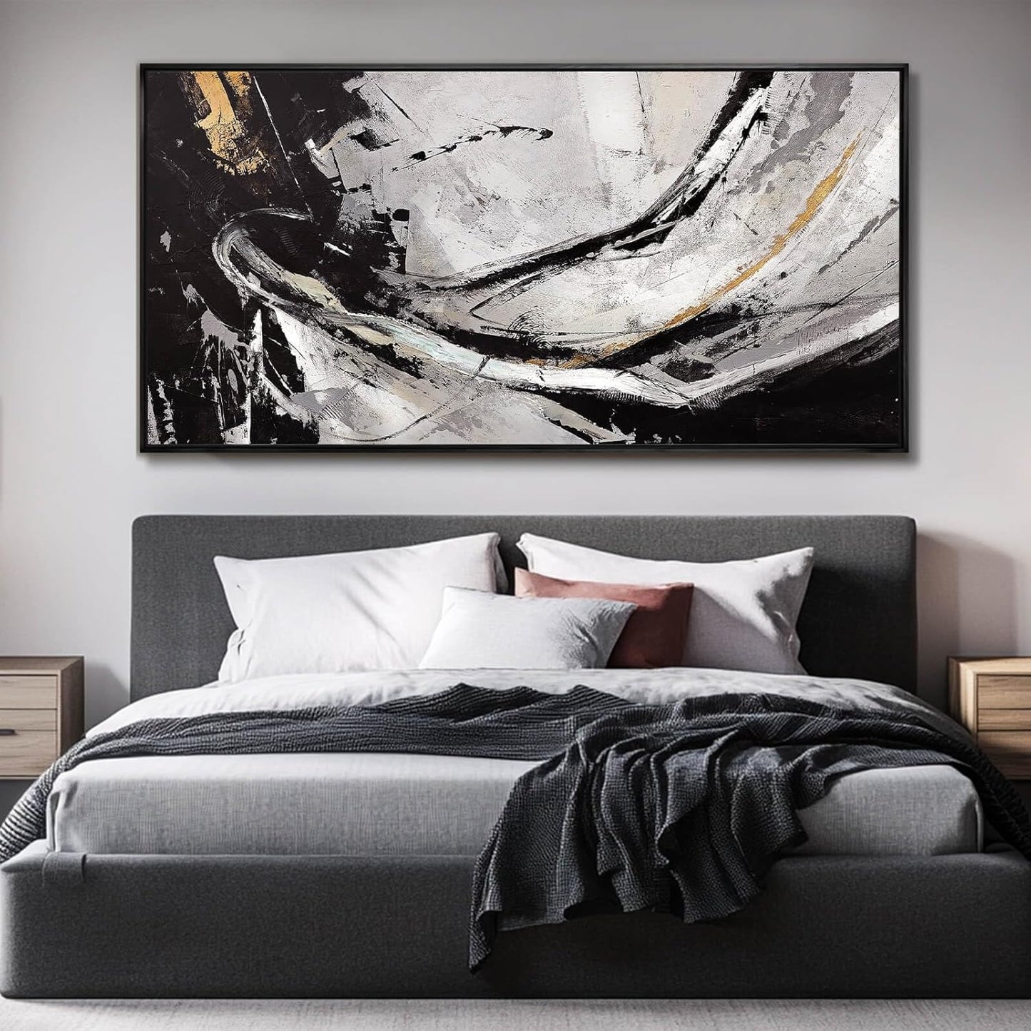XIANSHOU Abstract Canvas Art Gold Line Painting Wall Art Black Poster Splash-ink Artwork 24"x 48" Gallery Wall Prints for Home Living Room Kitchen