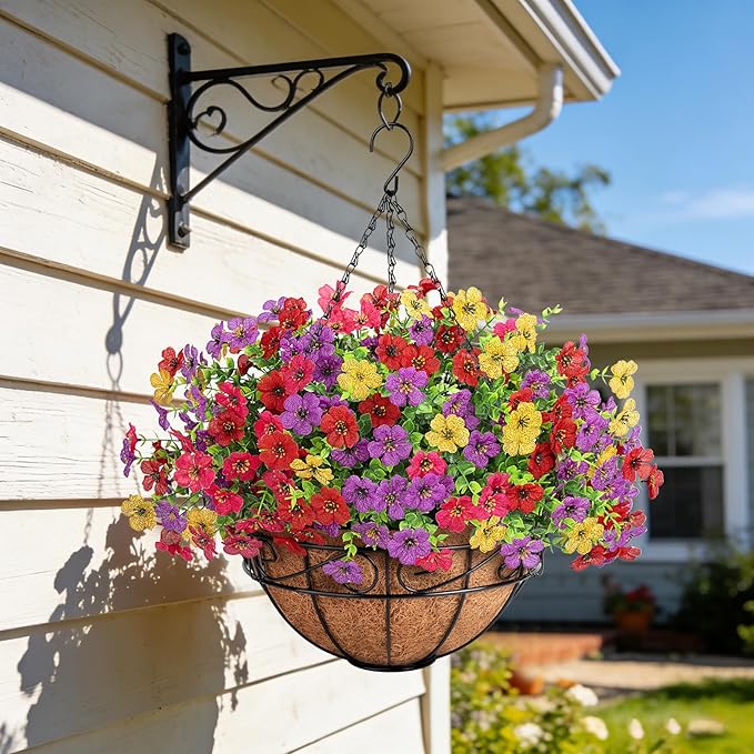 Artificial Fake Hanging Flowers Plants Basket Outdoors, Faux Silk UV Resistant Look Real Daisy Eucalyptus for Spring Summer Garden Porch Home Patio Balcony Yard Decorations, Multicolor