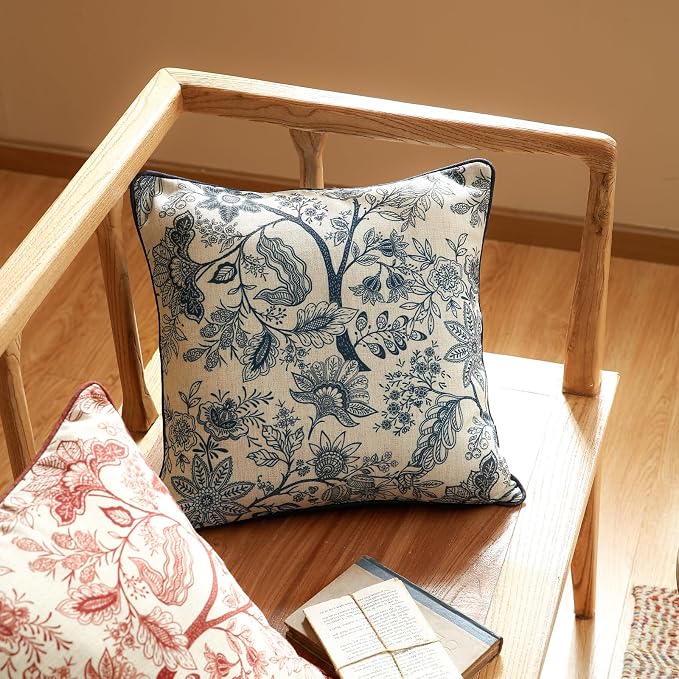 ISAENNE Designer Linen Square Throw Pillow Cover,Set of 2,18"x18"-Ruyi B | Vintage French Elegant Pillow Cover,Concealed Zipper Design,Blue Floral Pattern,Sofa,Bedroom,Living Room,Lounge Chairs