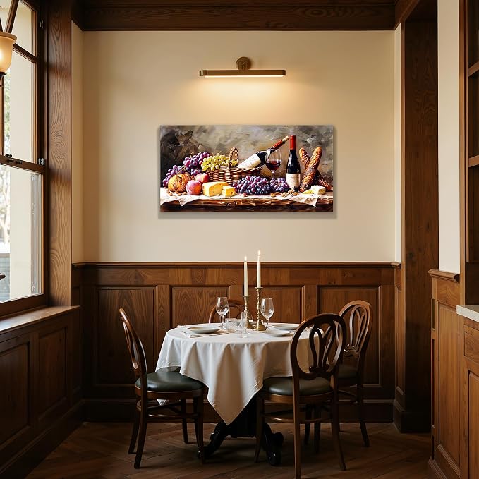 imjiayu Large Wall Art, Kitchen Wall Art, Wine Pictures Wall Decor, Framed Rustic Oil Painting Style Canvas Print, Grape Cheese Bread Still Life Wall Decor, Vintage Dining Room Home Bar Cafe Wall Art, 20"x40"