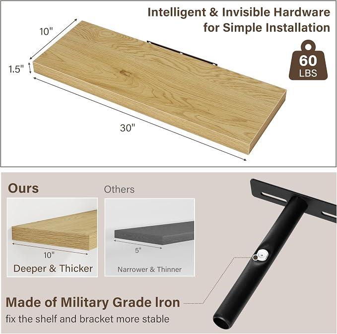 Acovy 10" Extra Deep Floating Shelves for Wall, 30" Long Wood Wall Shelves Set of 2 for Bathroom Bedroom Kitchen Living Room Laundry Room, Modern Floating Shelf for Home Decor