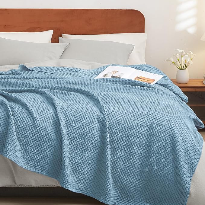 PHF Pre-Washed 100% Cotton Waffle Weave Throw Blanket for Couch, Lightweight Breathable Bed Blanket for Spring Summer, Snag Proof Machine Washable, Home Decor Gift - Dusty Blue